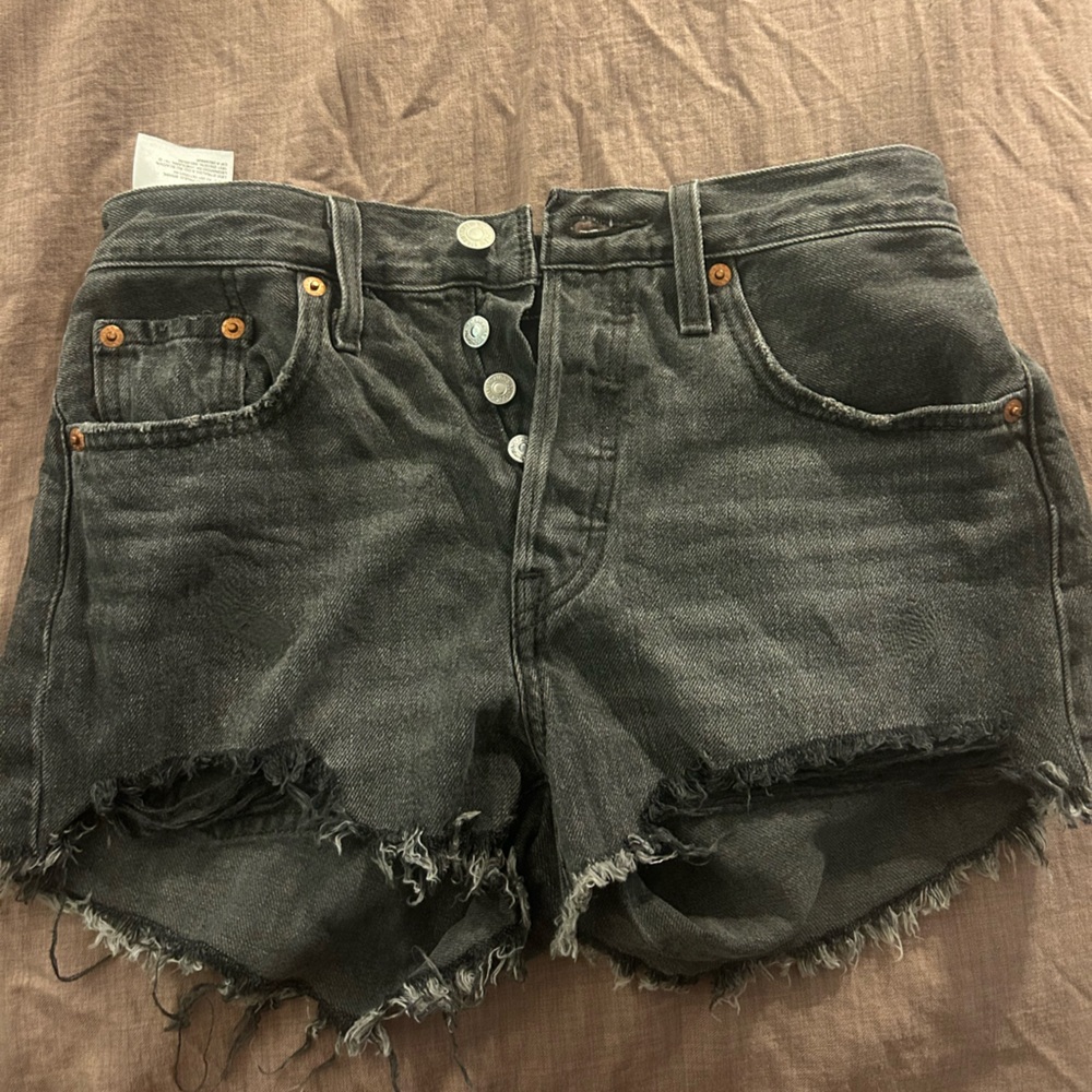 Levi's 501 Dark Gray High-Waisted Distressed Denim Shorts
